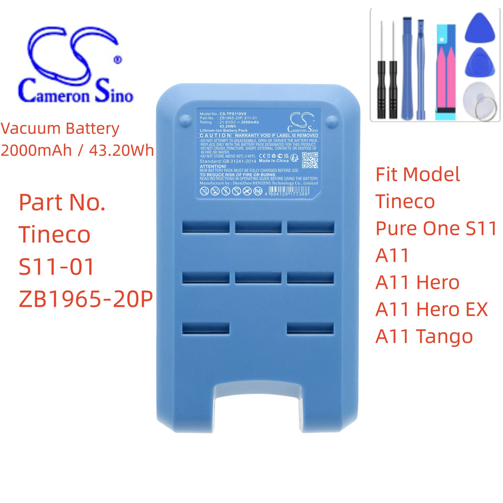 

Vacuum Battery For Tineco S11-01 ZB1965-20P Pure One S11 A11 Hero EX Tango 2000mAh / 43.20Wh Color Grey Volts 21.60V Li-ion