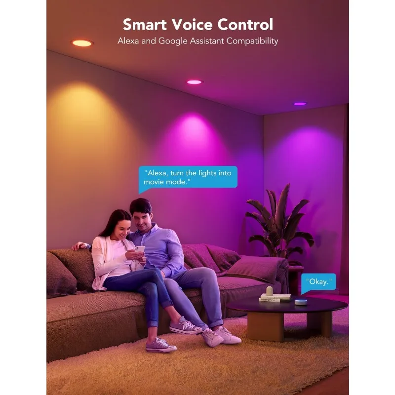 Recessed Lighting 4 Inch, Wi-Fi Bluetooth Direct Connect RGBWW LED Downlight, 65 Scene Mode, Work with Alexa & Googl