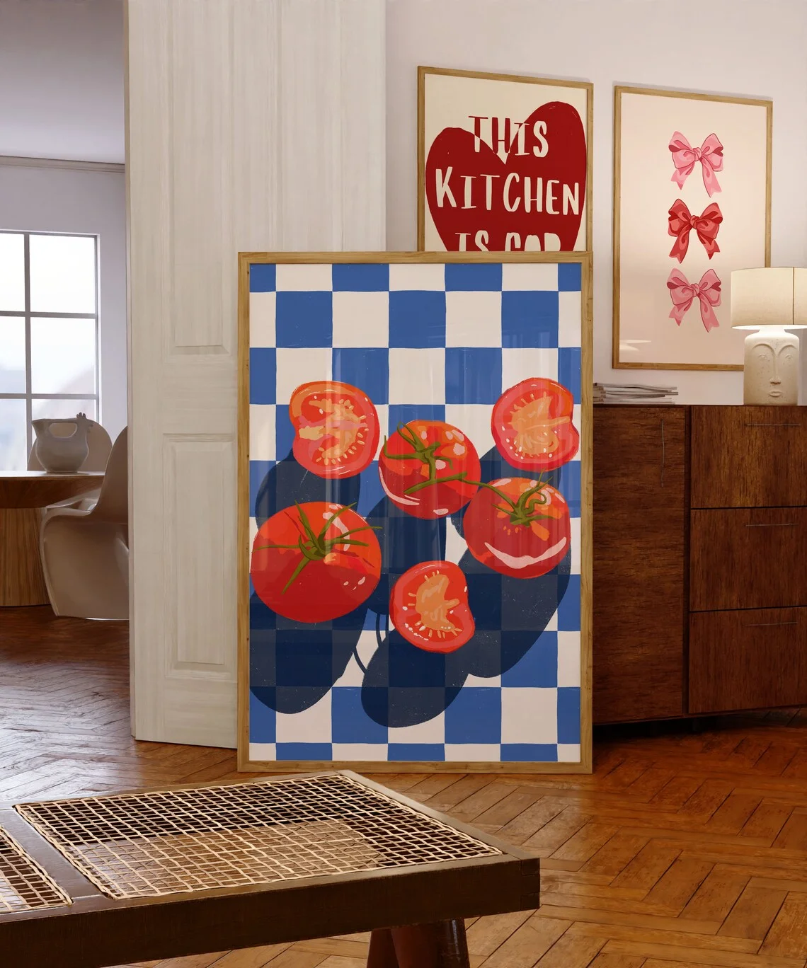 Cheerful Tomato Still Life Wall Art - Vibrant Print Celebrating Fresh Produce. The Bright Red Tomatoes and Classic Checkered Pat