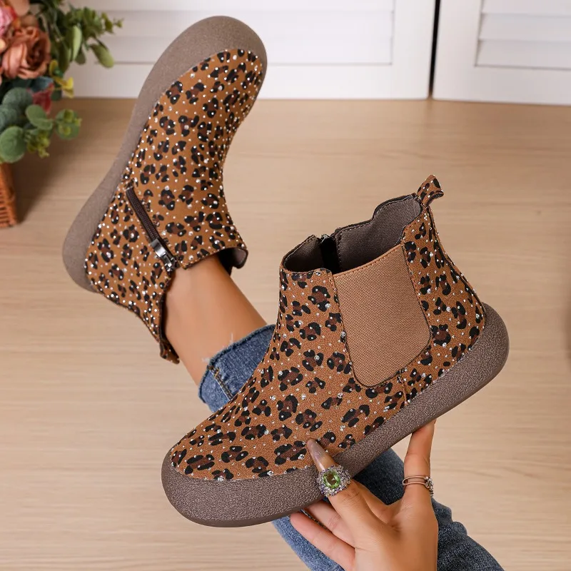 Shiny Rhinestone Leopard Flats Winter New Round Toe Side Zip Booties