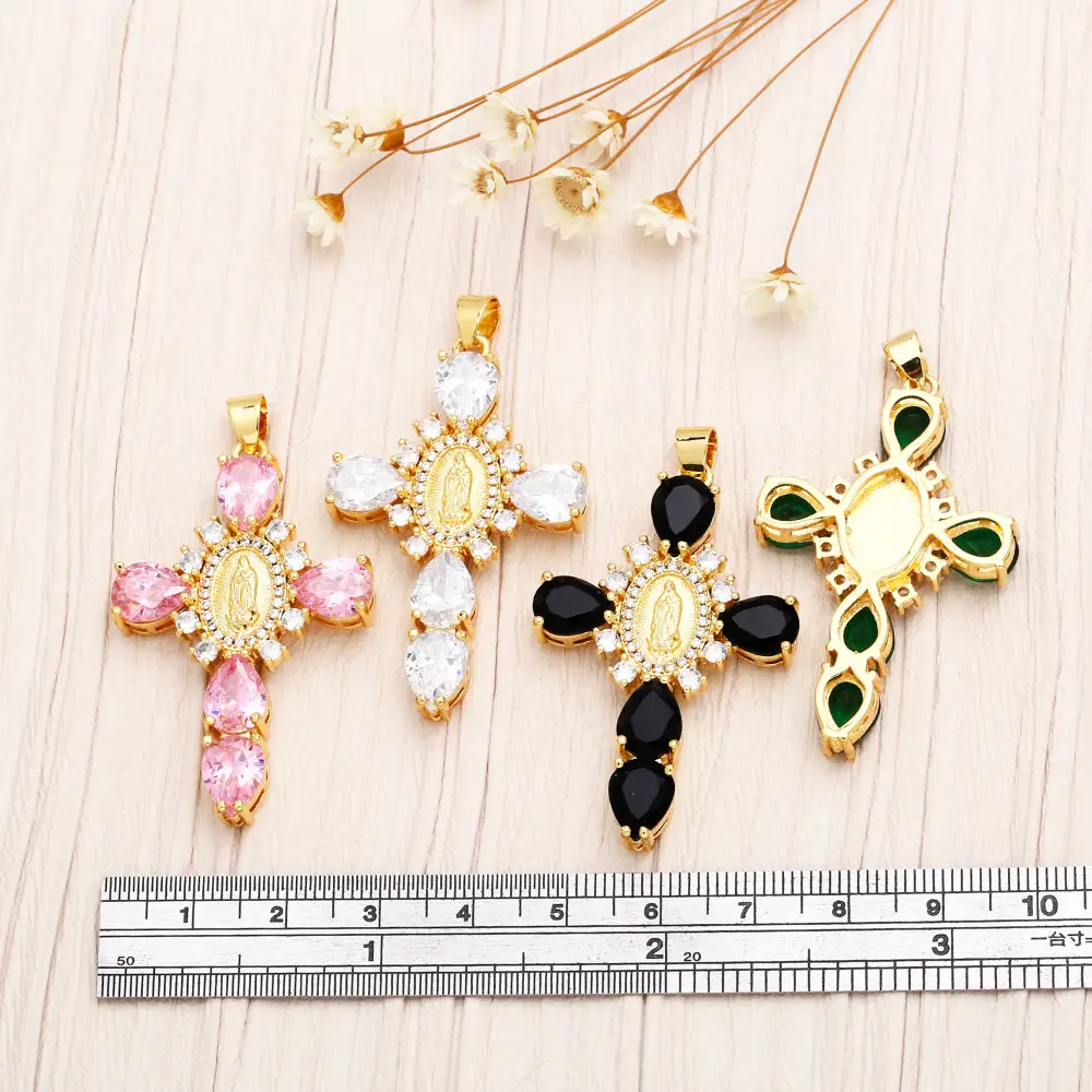 OCESRIO Large Multicolor Crystal Cross Pendant for Necklace Copper Gold Plated Virgin Mary Jewelry Making Component pdtb070