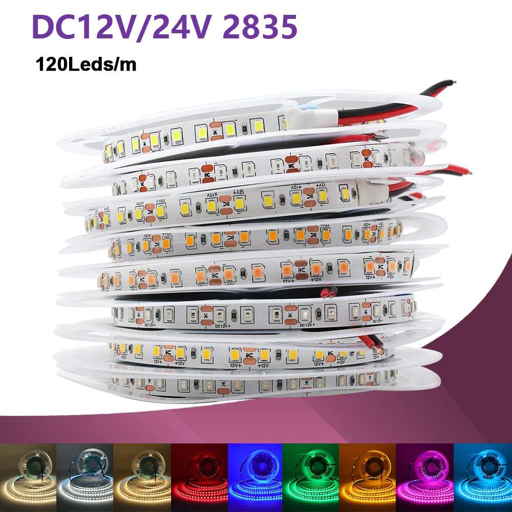 12V 24V 5m 10m 20m 50m 100m LED Strip Light 2835 120 LEDs Flexible Tape Bright 8mm PCB 13 Colors Home Decoration Not Waterproof