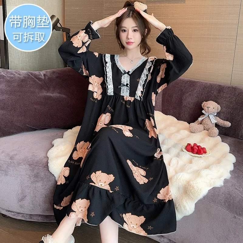 150Kg Large Size Sweet Nightgown with Chest Pads Women Autumn Spring Long-sleeved Pajamas Loose Fattened Loungewear Sleep Dress