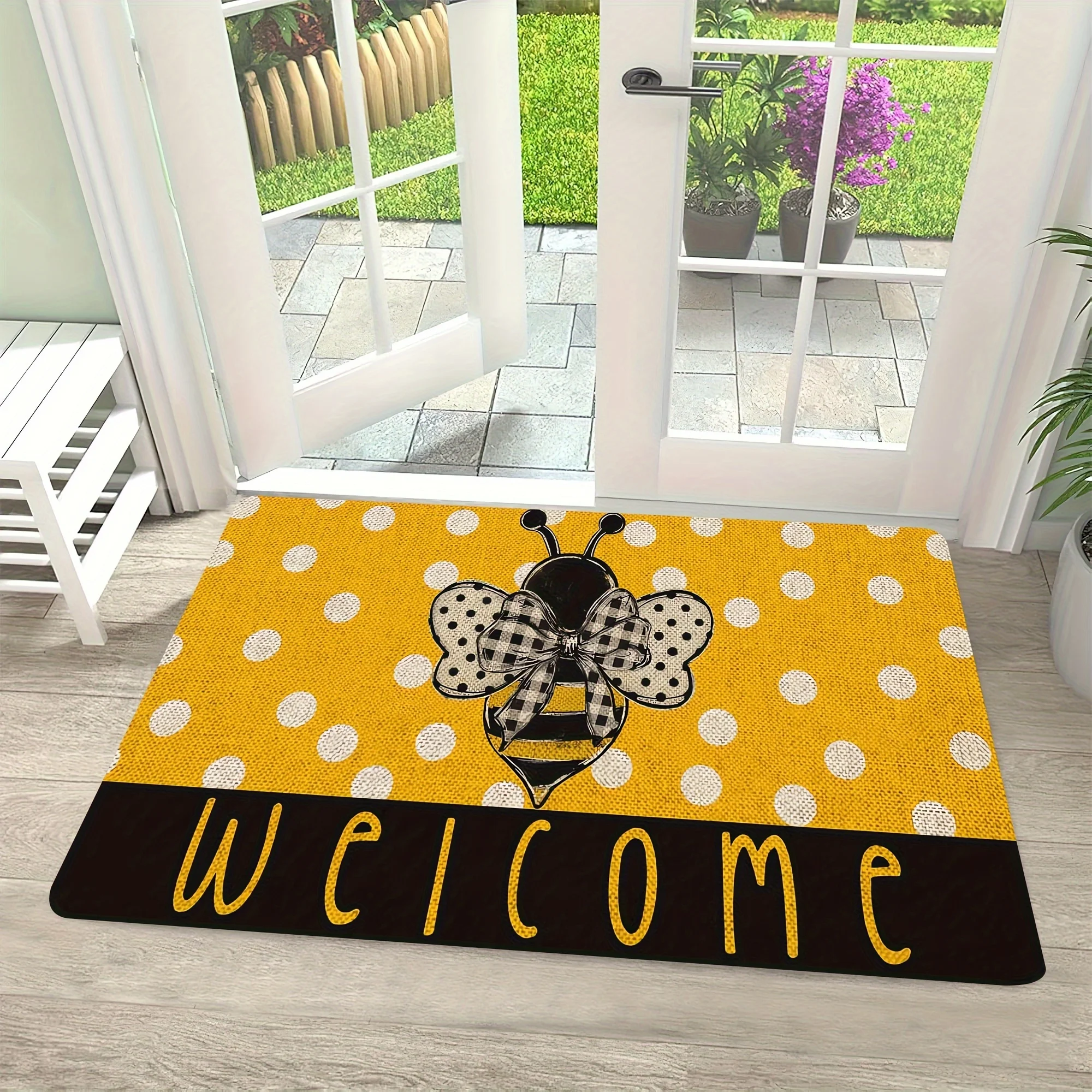 Charming Bee Welcome Doormat - Yellow Polka Dot Design with Bow for Home Entrance, Perfect for Spring and Summer Decor