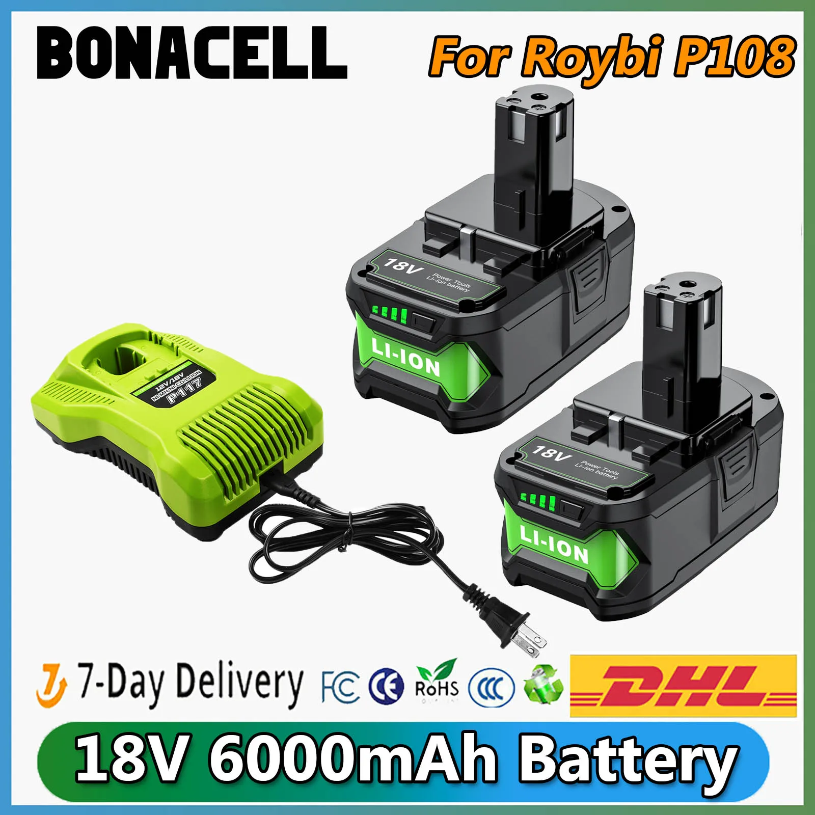 For Ryobi P108 6000mAh Battery 18V Li-ion Replacement Battery P107 P108 P109 P106 P105 P104 Power Tool Battery With 4A Charger