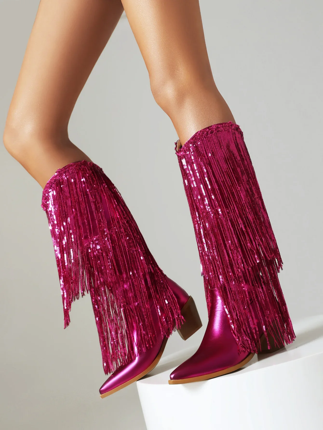 Glitter Shiny Fringe Women Western Cowgirls Boots Mid Calf Block Heels Sexy Nightclub Dancing Shoes Knee High Boots