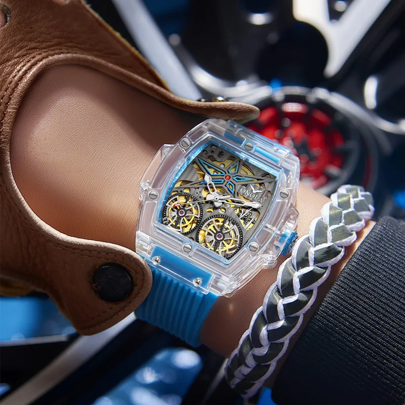 The Tonneau Automatic Mechanical Men Double Wheel Rotation Dial Watches Silicone Band Fashion Mechanical Watch Relogio Masculino