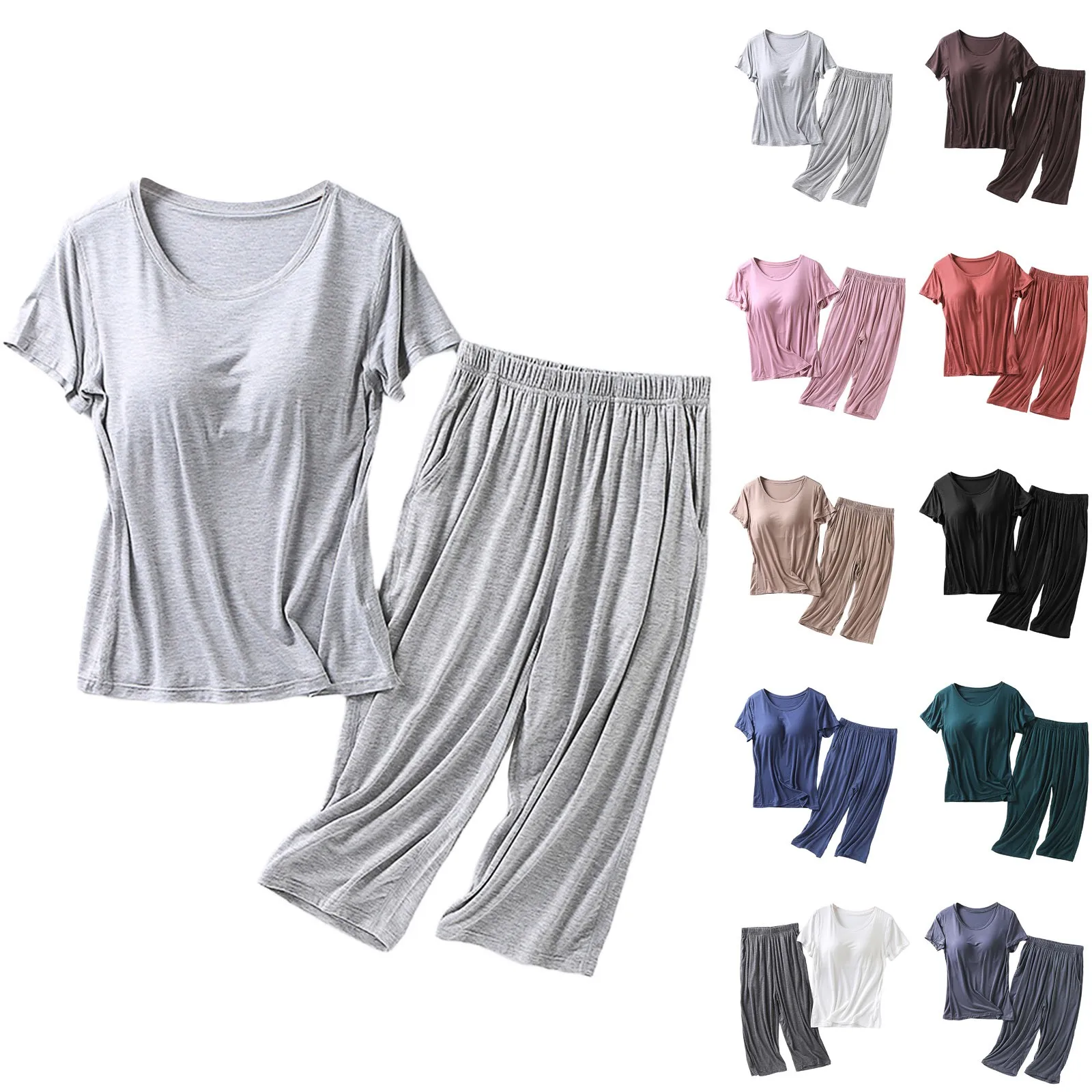 

2025 Summer New Ladies Modal Pajamas Two-Piece Suit with Chest Pad Short-Sleeved Cropped Trousers Plus Size Home Service Set