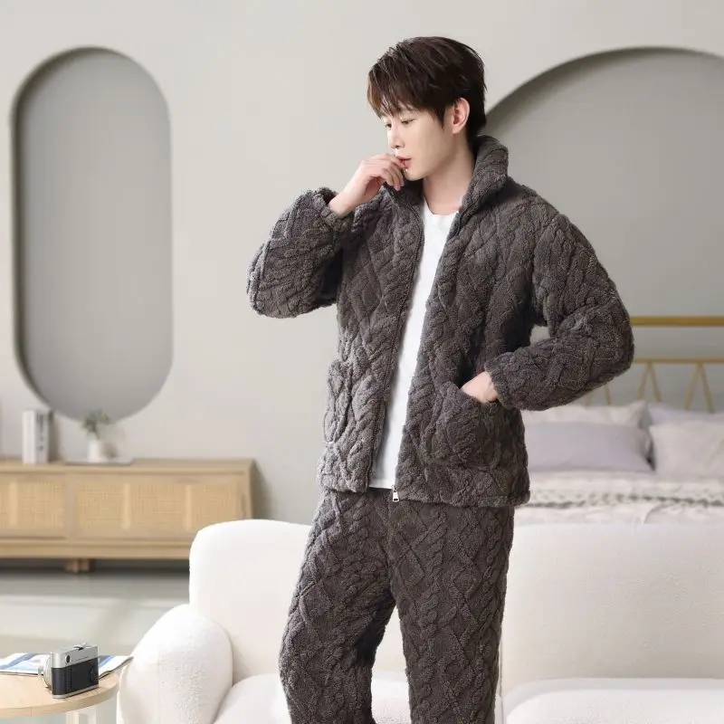 Winter Männer Plüsch dicke Baumwolle Pyjamas mittleren Alters ältere Väter Lounge wear drei schicht ige Nachtwäsche warme Flanell Home Kleidung Set