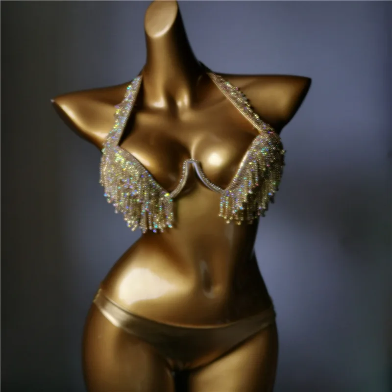 4-kolorowe bikini Set Women Bling Diamante Carnival Swimwear Crystal Panties Rave Festival Swimsuit Burning Man Outfit Club Wear