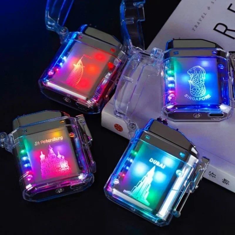 Transparent Windproof Dual Arc Lighter Cool Lantern Type-c Rechargeable Cigarette Lighters LED Power Display Smoking Accessories