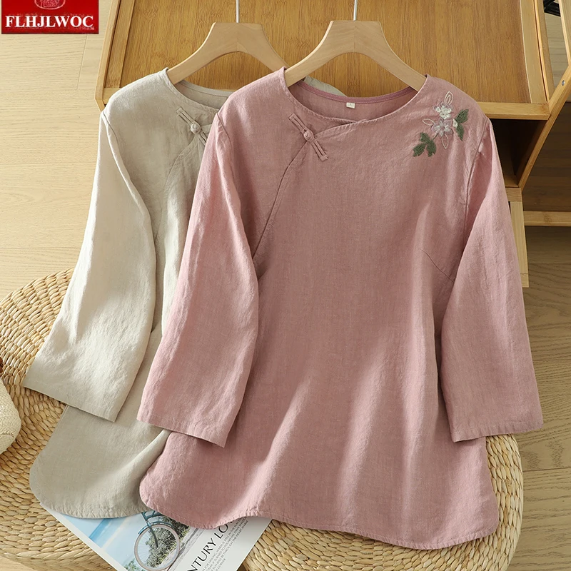 Cotton Tops Blouses Women Retro Embroidery Blouse Literary Preppy Style Girls Casual Traditional Chinese Style Long Sleeve Shirt