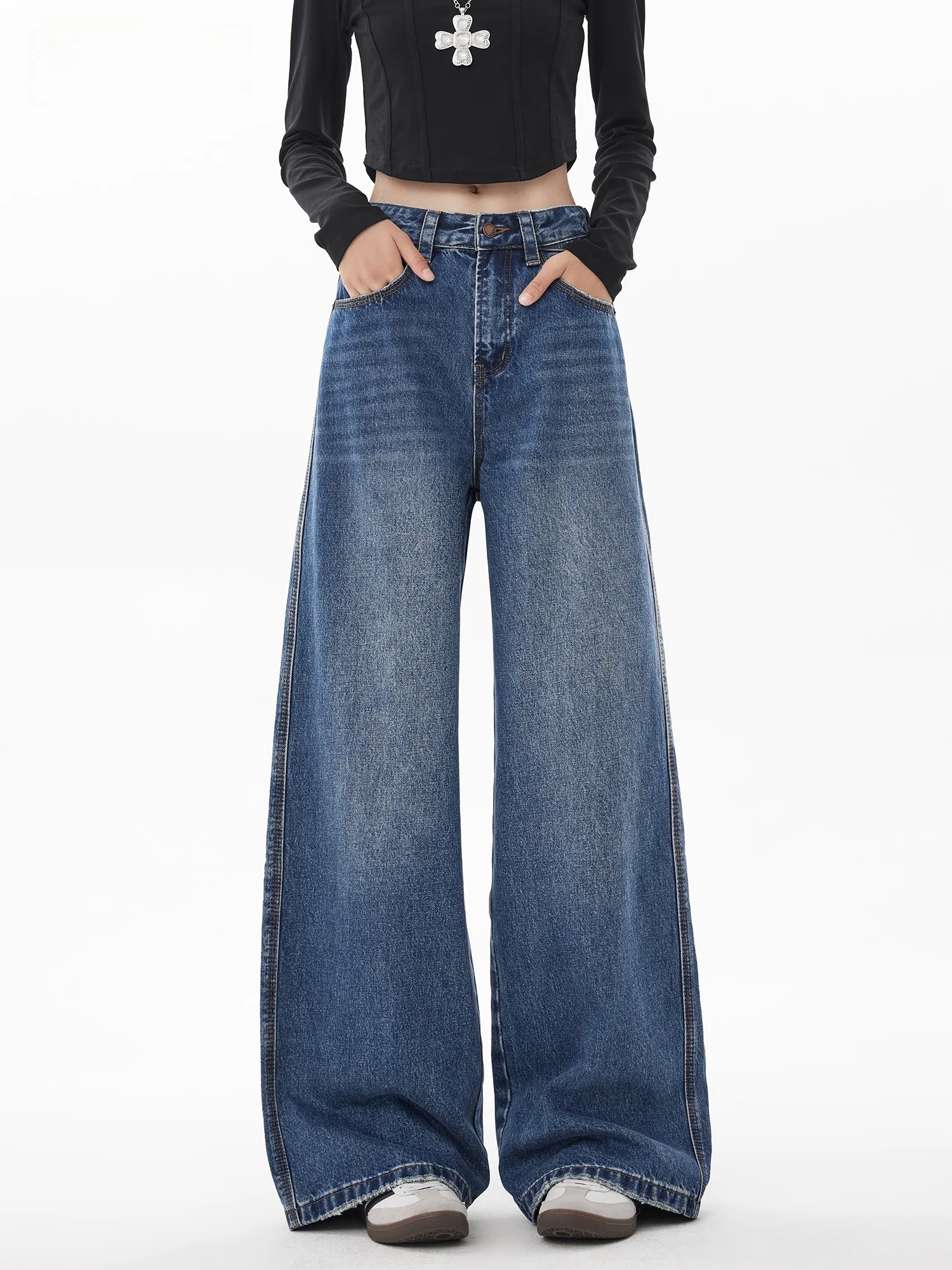 

Wide Leg Loose Fit Straight Cut Blue Denim Jeans for Women Spring Season High Waist Street Sle Cotton Blend Waed Hem