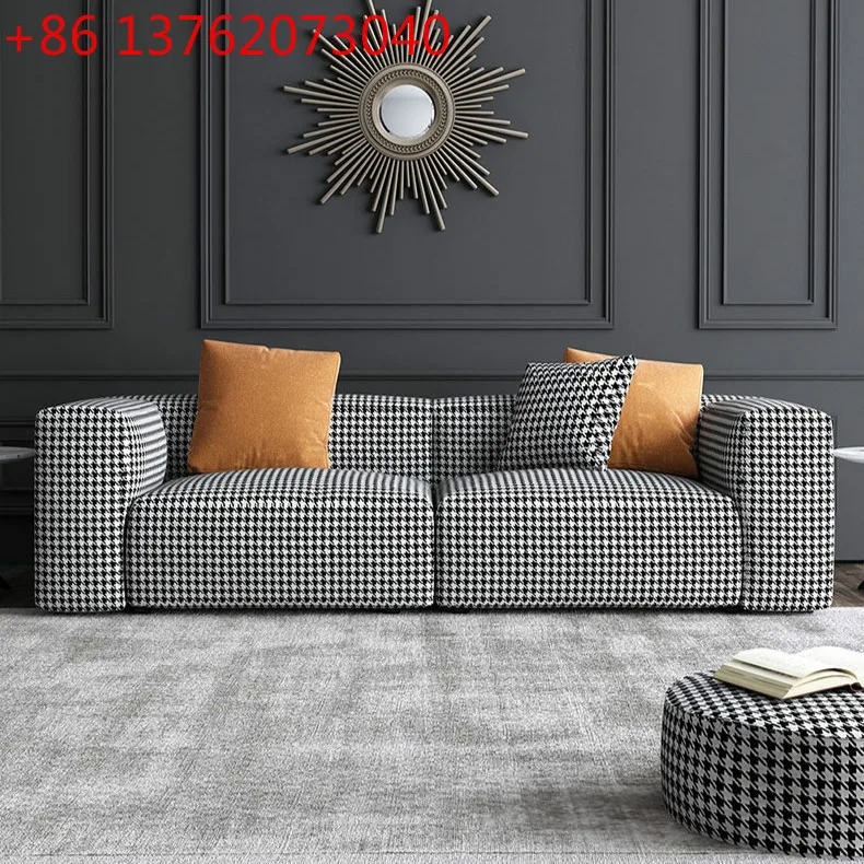 Nordic thousand bird grid sofa three-person modern simple fabric double sofa small apartment