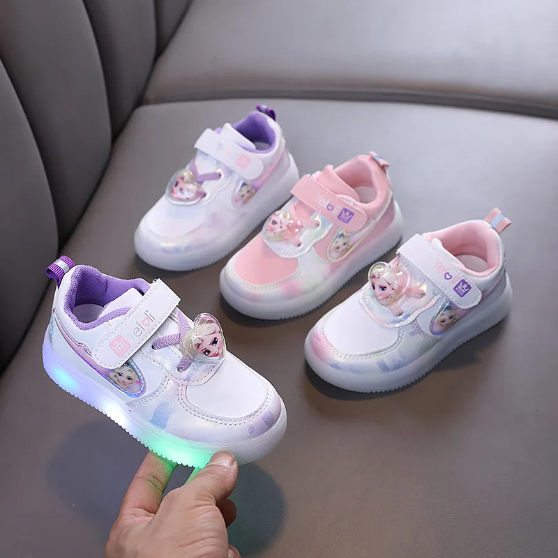 Disney Kids Girls Shoes Sneakers per bambini ragazze Elsa Frozen Princess Casual Sport Student Shoes LED Lights Shoes Size 21-30