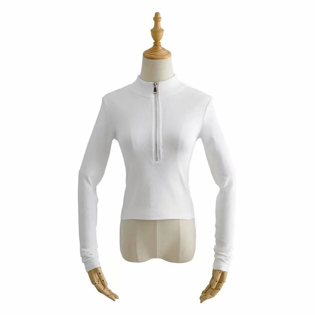 

Spring Women's Sexy Front Zipper Stand Collar Slim Long Sleeve T-Shirt European American Style Bottoming Shirt