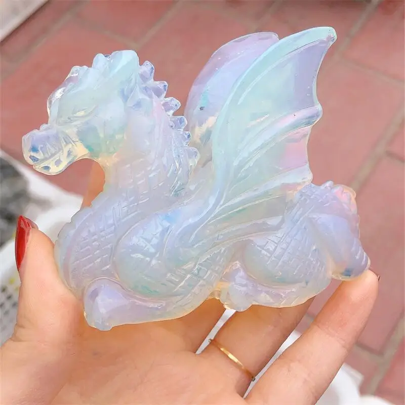 

Natural White Opalite Dragon Carving Crystal Reiki Healing Figurine Trinket Craft Gift Home Decoration 1pcs