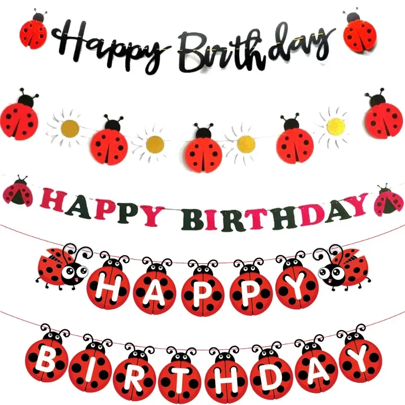 Schwarz Rot Alles Gute zum Geburtstag Marienkäfer Gänseblümchen Hängebanner für Marienkäfer Themen Mädchen Kinder Geburtstag Babyparty Wimpelkette Dekorationen