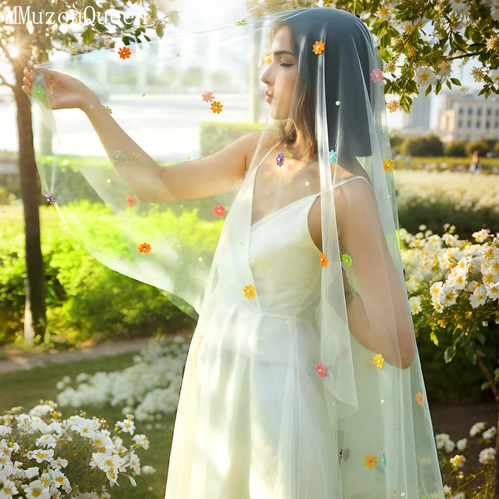 MMQ-velo de novia de una sola capa con flores multicolores, elegante, accesorios de boda para jardín, M143