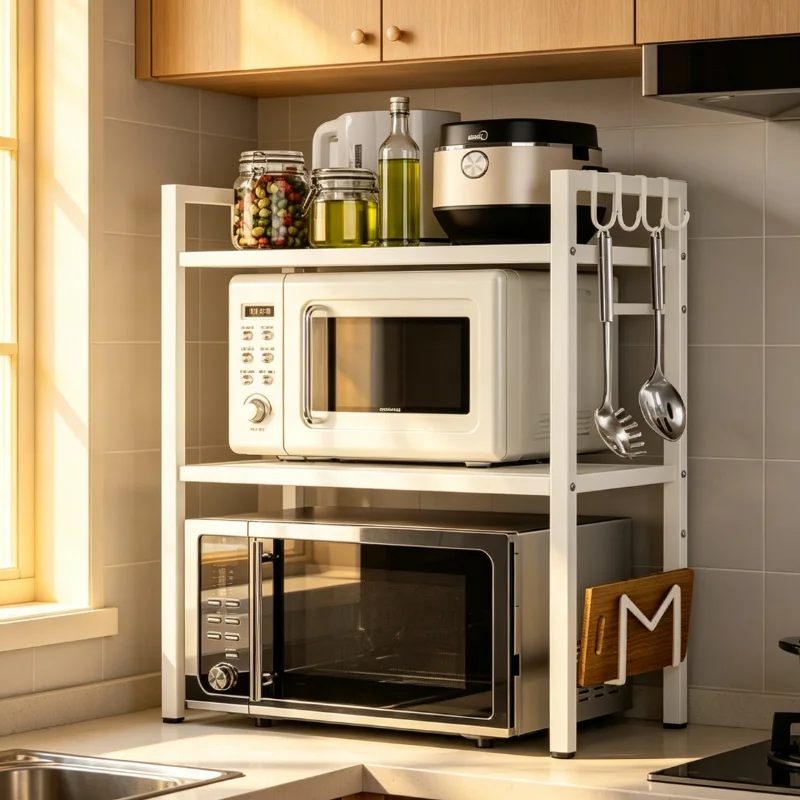 Multi‑Style Microwave Stand Combination, Heavy Duty Metal Kitchen Counter Shelving Unit with Hanging Hooks