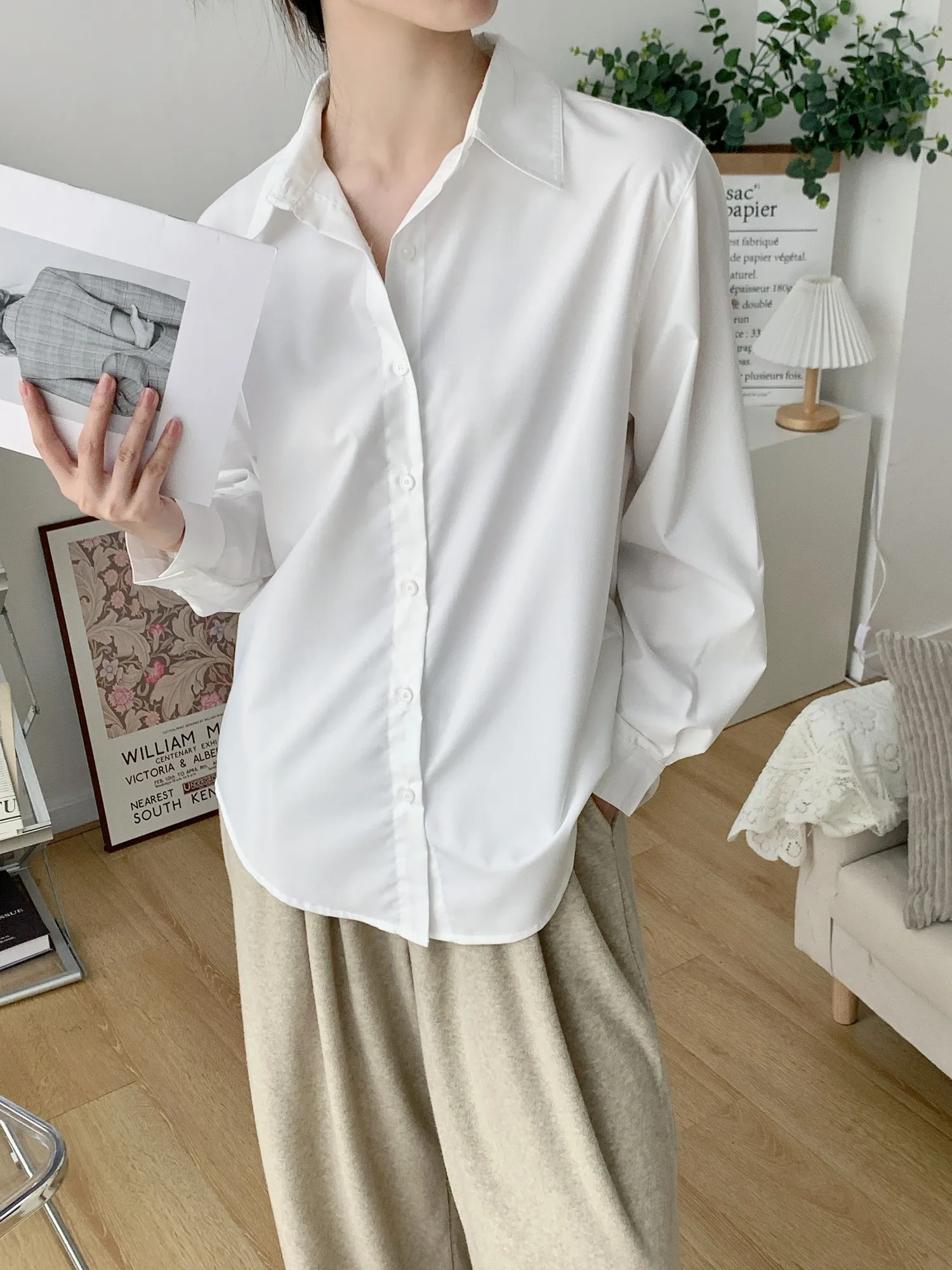 

Ari's Classic een irt Smooth Anti-Wrinkle Single Button Fall 2023 Women's Faion Pure Color Collar Long Sve Stra...