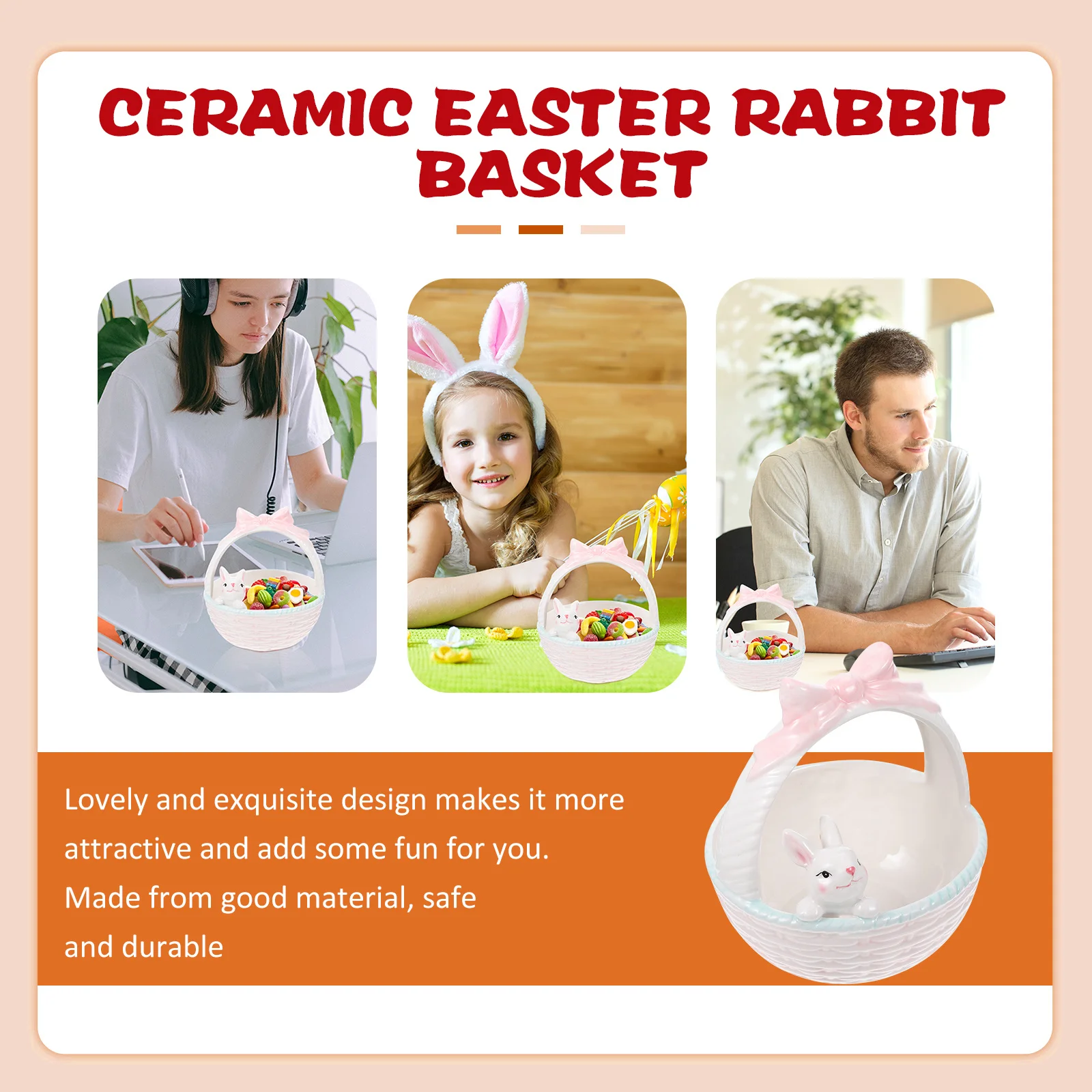 

Lovely Rabbit Basket Decorative Ceramic Craft for Home Garden Office Desk Easter Party Kids Shower Decoration Multi-Function