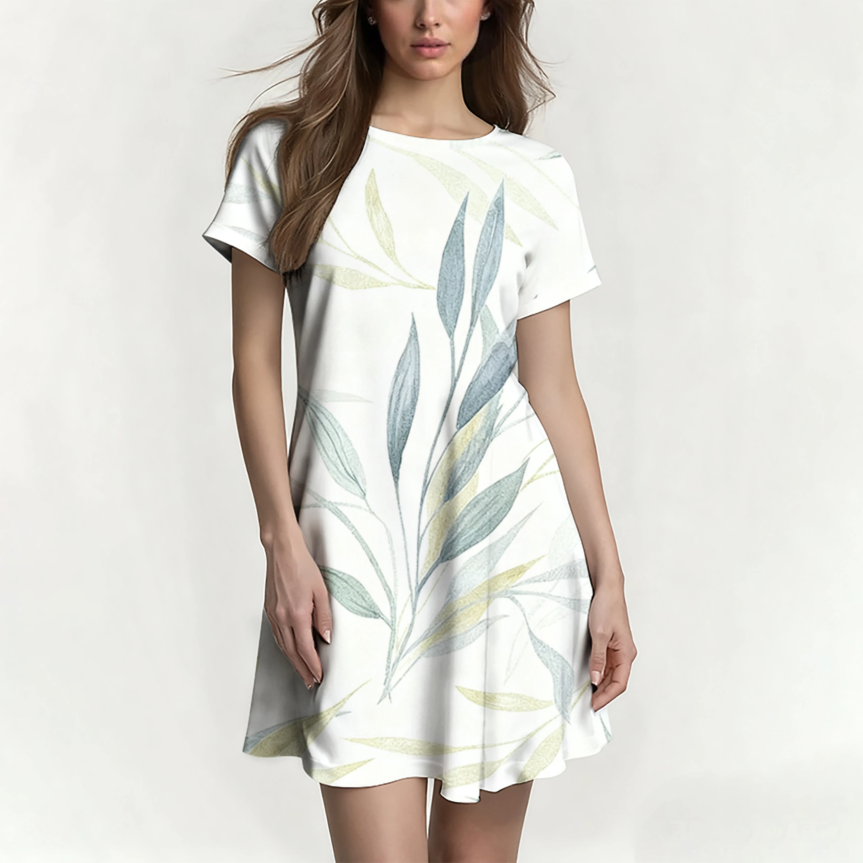 Letnia sukienka damska o kroju litery A z okrągłym dekoltem i rękawami raglanowymi, damska krótka spódnica z nadrukiem, codzienna, wygodna i stylowa.