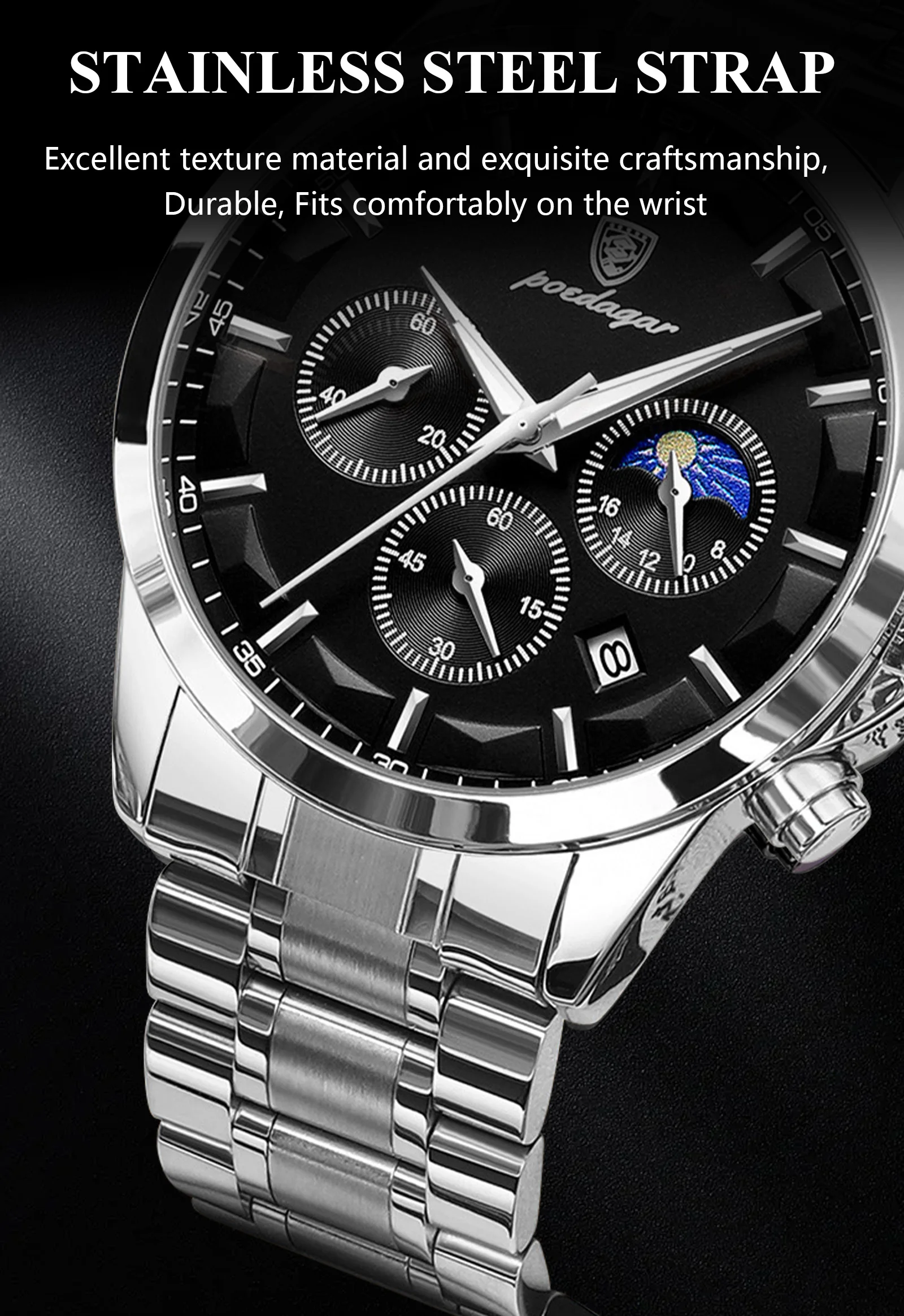 POEDAGAR Herrenuhr Wasserdicht Leuchtend Edelstahl Mode Herrenuhr Chronograph Datum Quarz Business Herrenuhren – Detail 11
