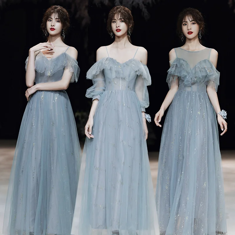 Grayish Blue Bridesmaid Dress 2023 New Women's Elegant A-Line Off The Shoulder Shiny Gilded Tulle Gown Simple Evening Dress