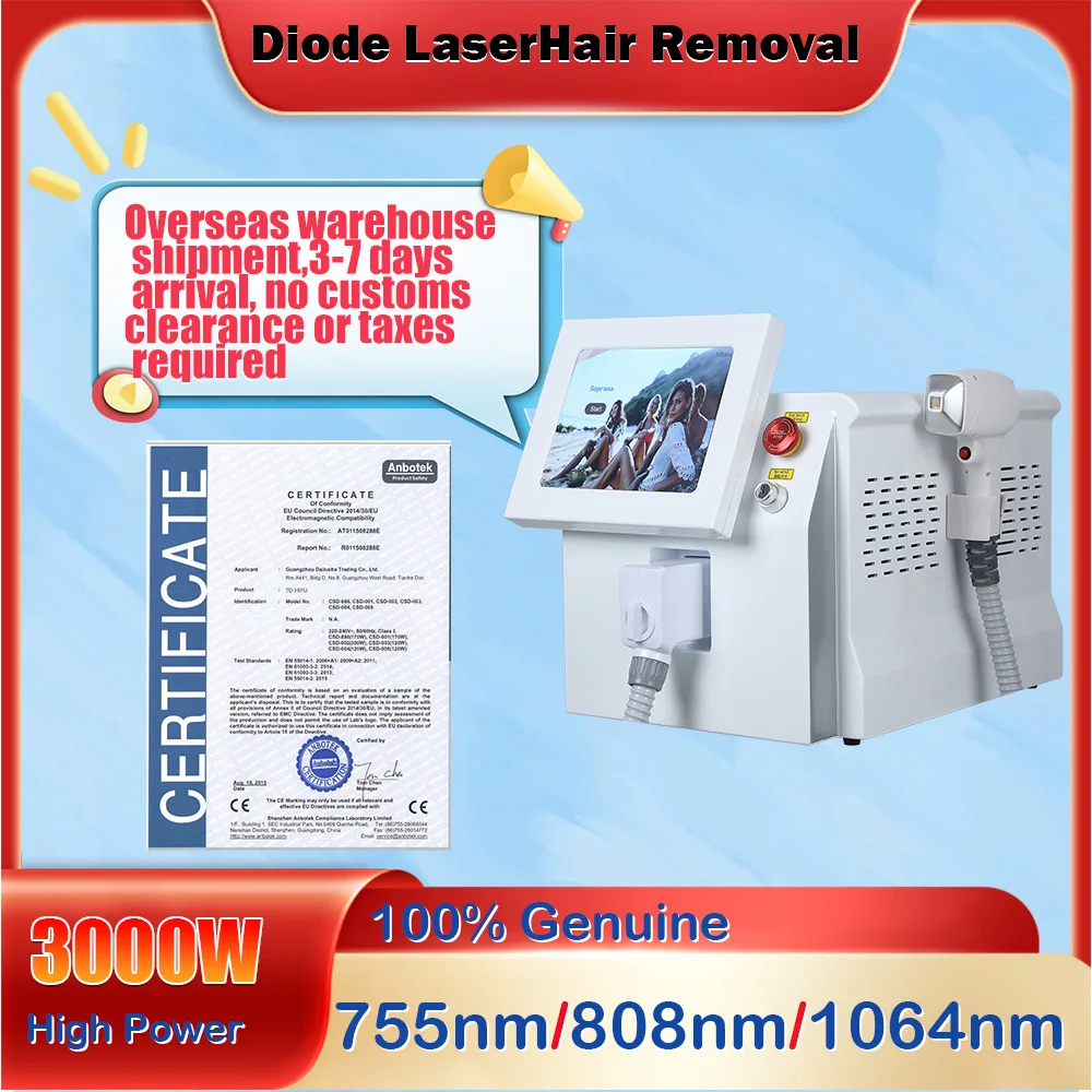 Diode Laser Hair Removal Machine 3 Wavelength 755nm 808nm 1064nm 3000W Painless Permanent Hair Removal CE