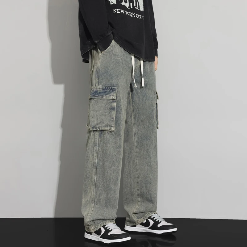 Jeans cargo larghi da uomo autunno nuova tasca vintage casual dritto moda coreana pantaloni in denim con coulisse streetwear maschile