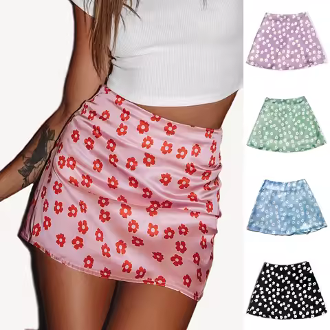 Woman Mini Skirts Floral Printed Summer High Waist Double-deck Lining Zipper 2024 Pink Flower Skirts Womens WSL4223
