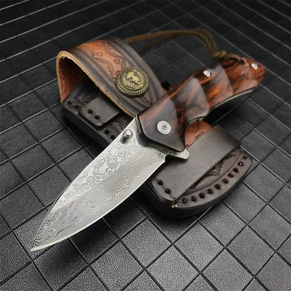 67 Layers VG10 Damascus Steel Knife Wood Handle EDC Outdoor Knife Tactical Tool Self-defense Combat Folding Knife Gift Sheath