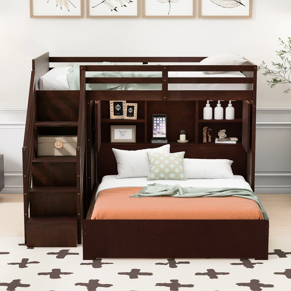 

Twin over Full Bunk Bed with Storage Stairs, Wardrobe,USB and Ligh,Espresso