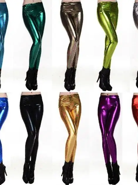 

Metallic Leather Leggings Sexy iny Gold Stamp Nightclub Women's Pants mid Waist Polyester Fiber Nine Points Pants