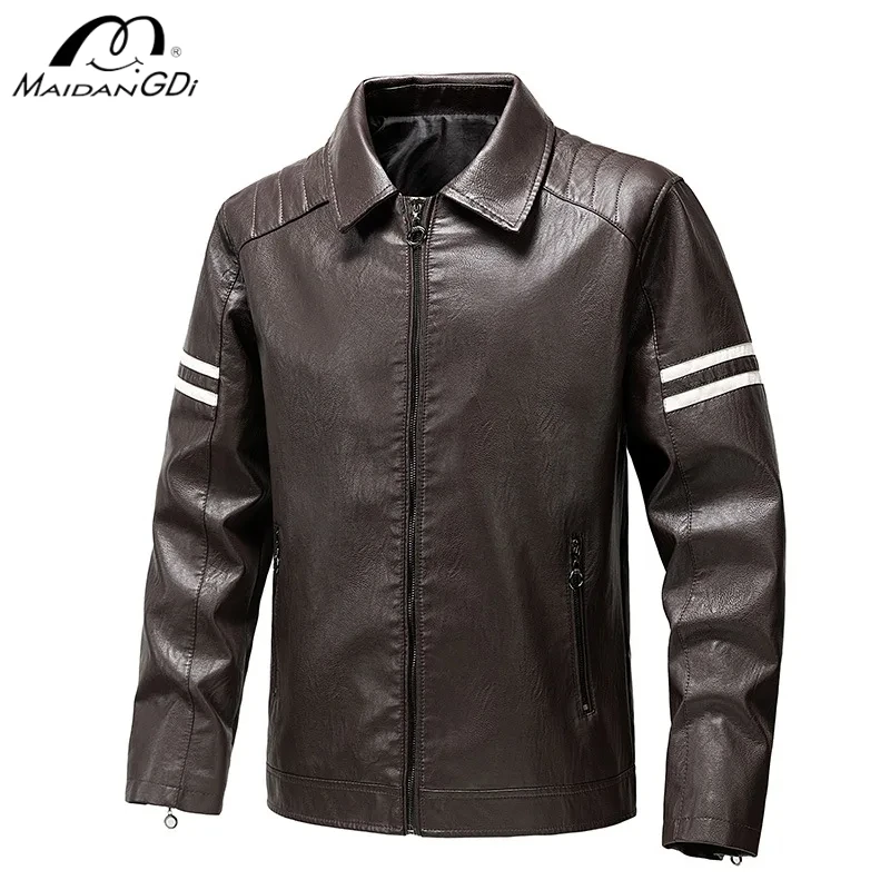 

MAIDANGDI Men color blocked fashionable jacket lapel casual foreign trade Spring Autumn style zipper slim fit motorcycle top