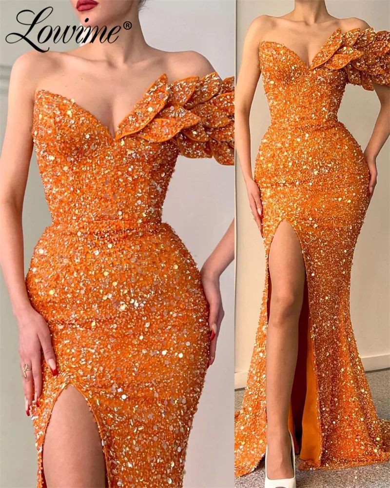 Elegant Mermaid Orange Prom Dresses Customized One Shoulder 3D Leaf Engagement Gowns Party Dresses High Split Side Evening Dress