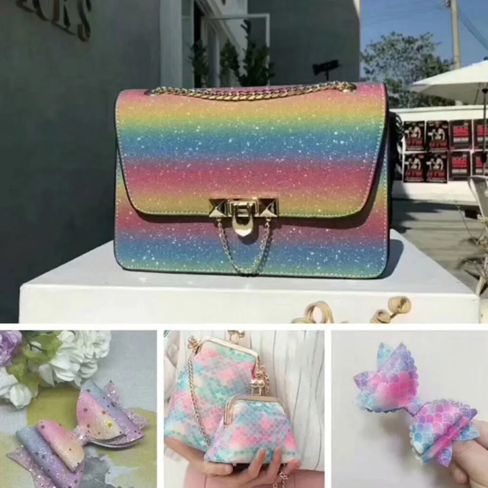 

4Pcs PU Fabric Glitter Powder Gradient Color Soft Durable Synthetic Sheet DIY Craft Material for Hair Bows Bags