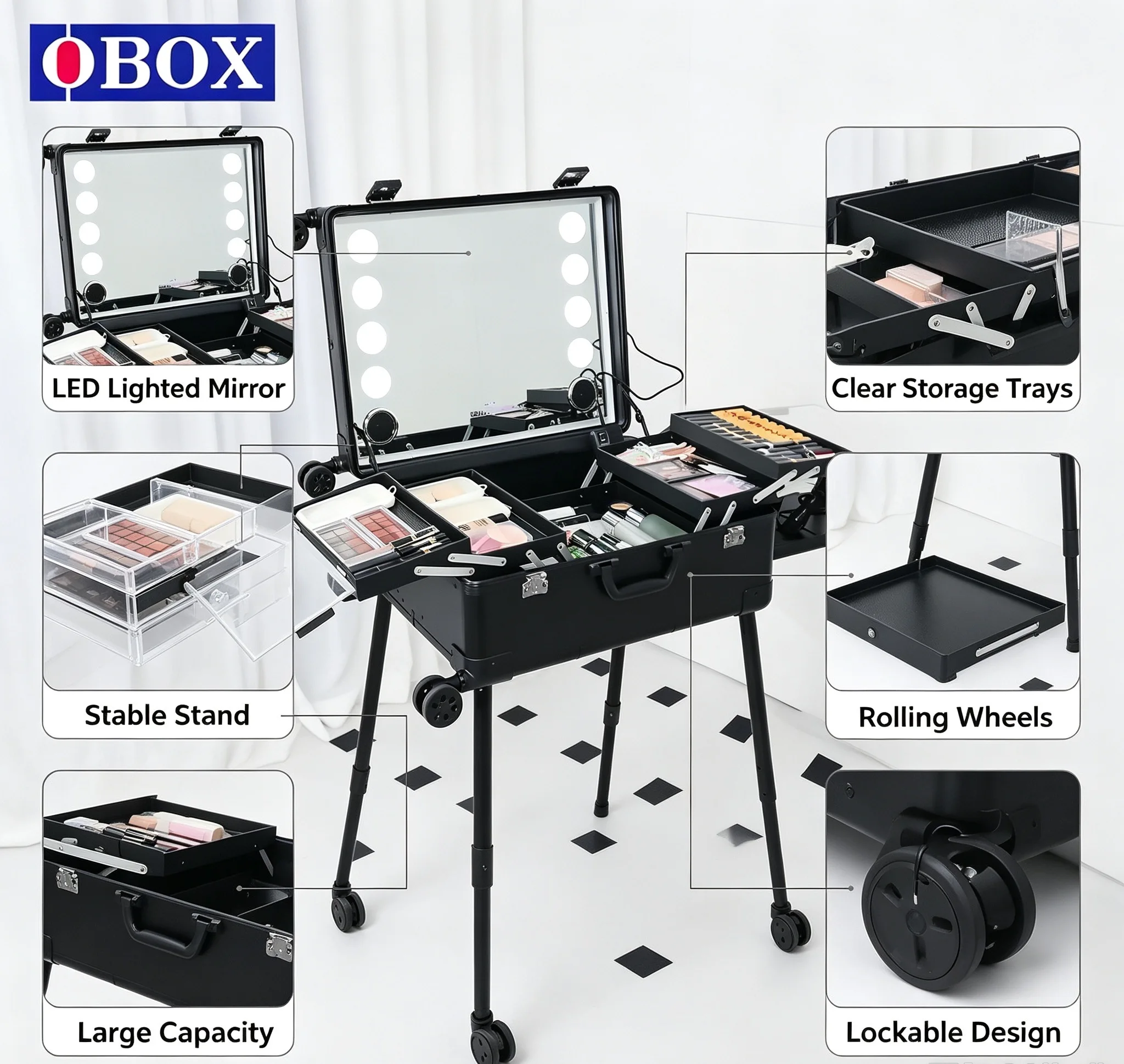 OBOX Fashionable High-Volume Makeup Case Personalized Lattice Structure Folding Layering Lighted Mirror Plastic Hasp Closure
