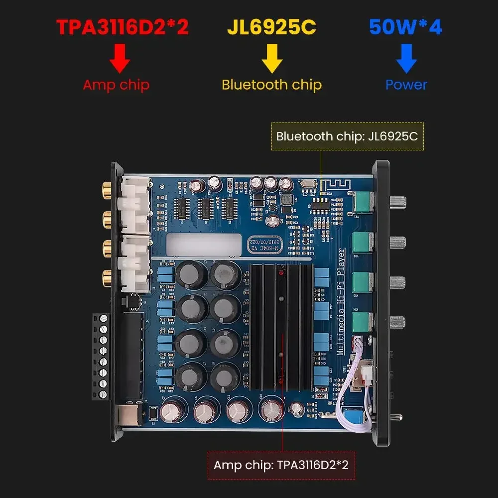 

4 Channel 5.0 BT Sound Amplifier HiFi Amplifiers 50Wx4 Home Theater Speaker Amplificador Audio Power Amp