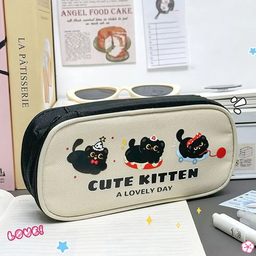 Nuova borsa per penne con motivo gatto nero, design ad ampia apertura, astuccio per matite di grande capacità, borsa per cancelleria per studenti