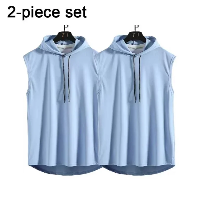 2025 Spring/Summer New Men's Hooded Tank Top Two Piece Set Sleeveless Leisure Sports Fitness T-shirt Loose Solid Color Top