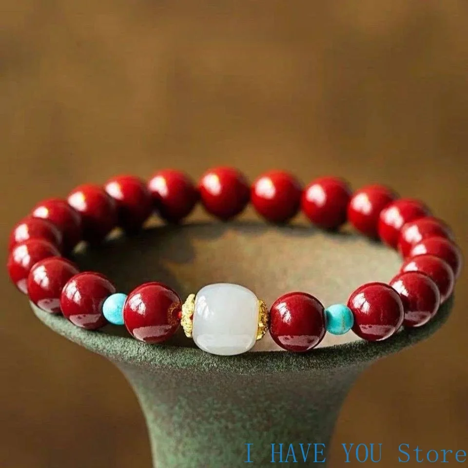 

Natural Cinnabar Emperor Sand Bracelet Transfer Evil Spirits Bracelet Hetian Jade Pearl High Quality Lovers Bracelet Accessories