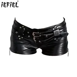 Womens Shorts Fashion PU Leather Hot Pants Low Rise Booty Shorts with Adjustable Double Belts Nightclub Festival Raves Party