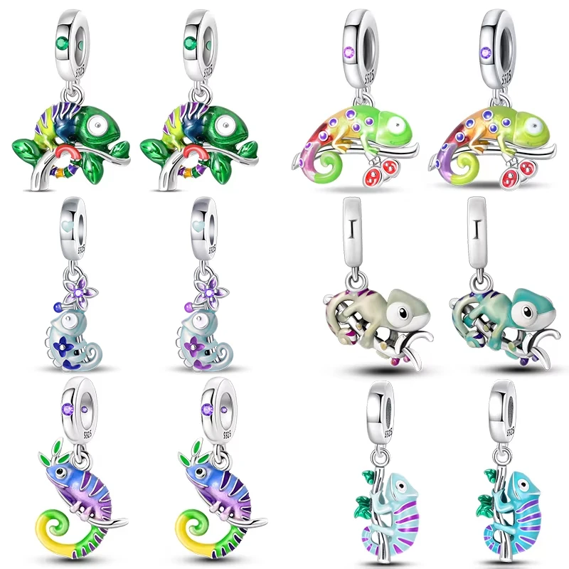 

100% 925 Sterling Silver Colorful Chameleon Animal Charms Beads Fit Qikaola 925 Original Bracelets DIY Birthday Jewelry Making