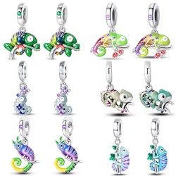 100% 925 Sterling Silver Colorful Chameleon Animal Charms Beads Fit Qikaola 925 Original Bracelets DIY Birthday Jewelry Making