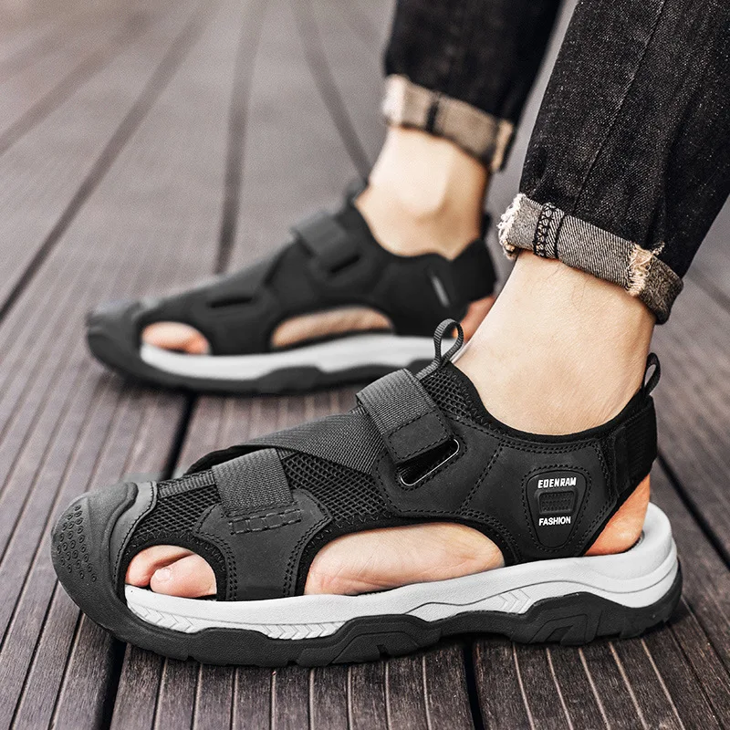 High quality leather flat sandals for men round toes new summer 2025 size 38 46 casual beach walking big size shoe blue green