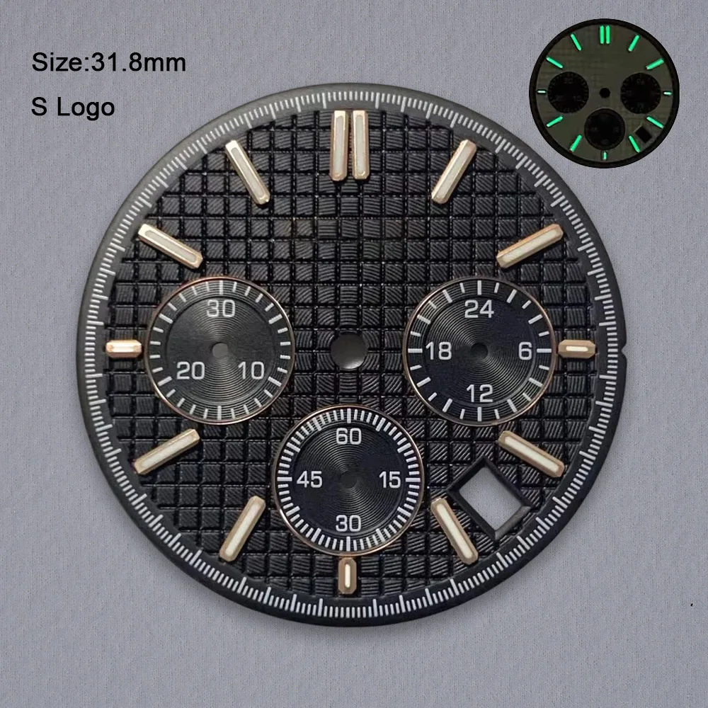 新しい 31.8 ミリメートル S ロゴダイヤル VK63 クォーツムーブメントに適したグリーン発光高品質オークダイヤル時計修正アクセサリー