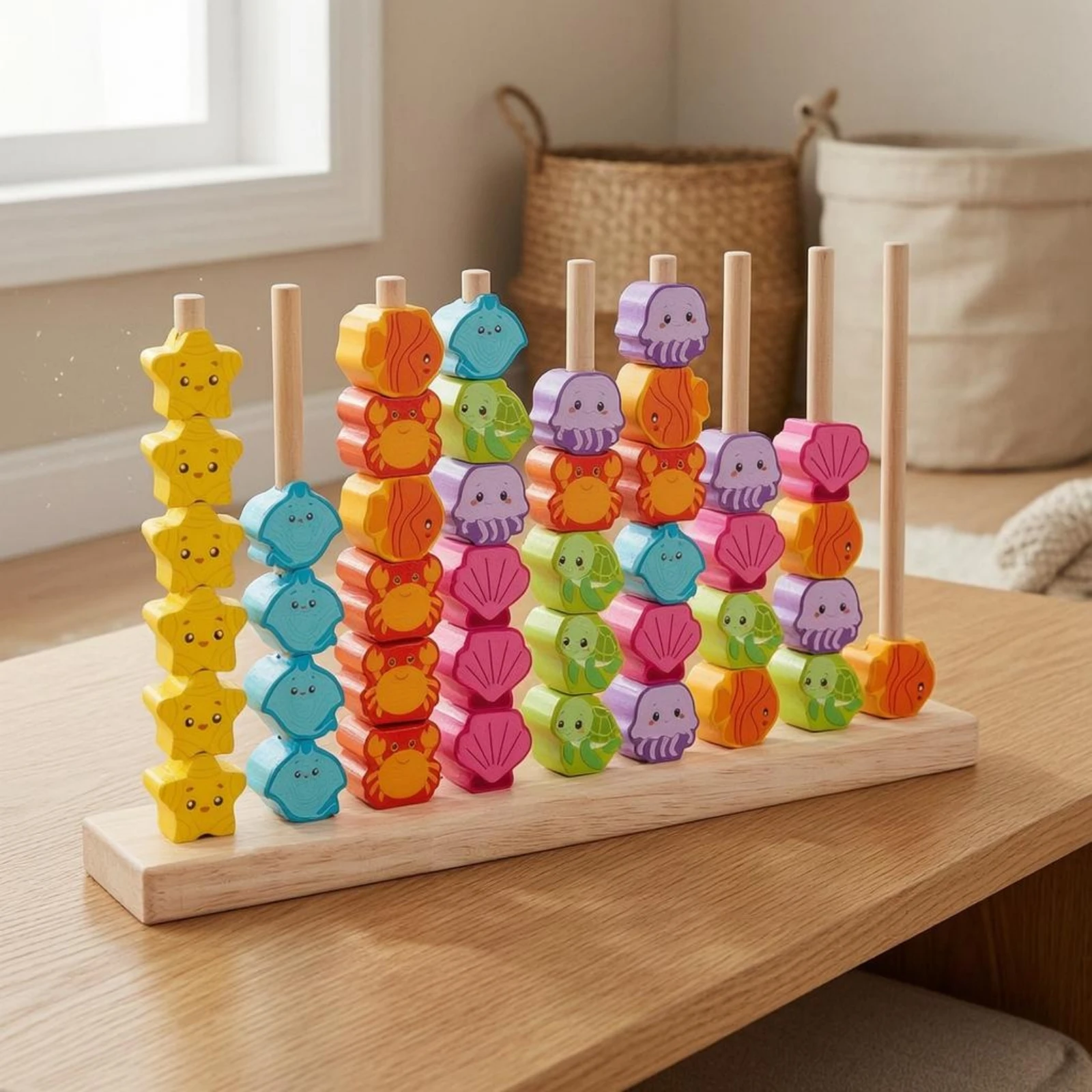 Ocean Creature Stacking Blocks Fine Movement Skills Wooden Shape Sorter Peg Stacking Blocks Hand-Eye Coordination