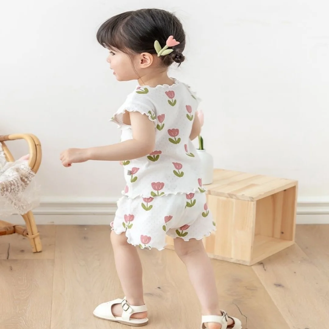 1-6Y Summer Cute Girls Pajama Set Flower Print Ruffle Sleeveless Top+Shorts 2 Pcs Clothes for Kids Thin Soft Children Suit image 4
